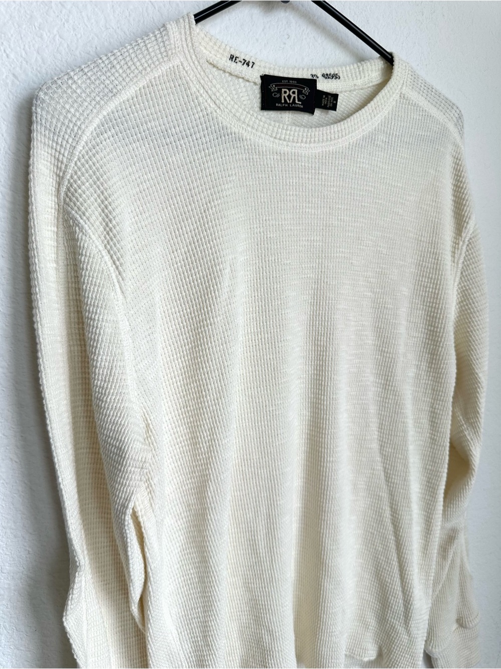 RRL Ralph Lauren textured Waffle-Knit Cream Long Sleeve Shirt Mens medium - Picture 7 of 13